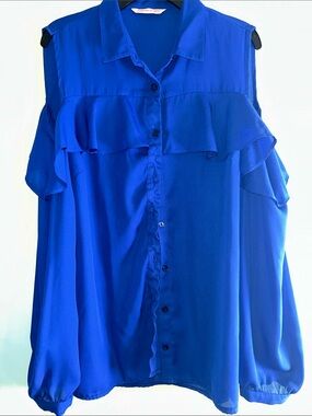 Women's Cold-Shoulder Ruffle Button-Front Blouse - Royal Blue